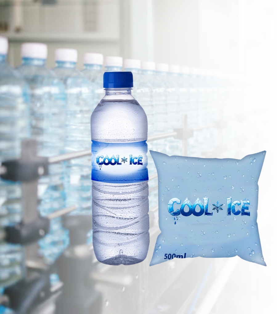 Chilled Cool Ice bottle and sachet on the production line